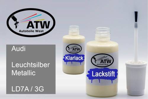 Audi, Leuchtsilber Metallic, LD7A / 3G: 20ml Lackstift + 20ml Klarlack - Set, von ATW Autoteile West.